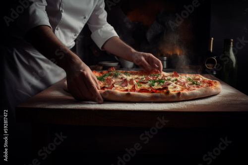 Italian chef making a delicious italian pizza. Generative AI