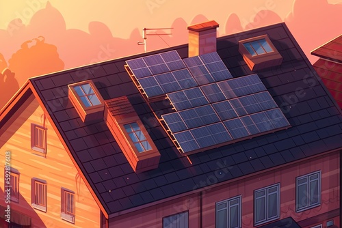 modern house with a solar panel on the rooftop against a blue sky. Generative AI