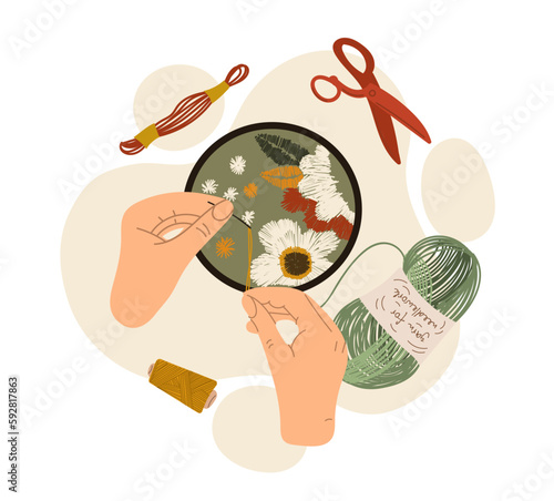 Professional sewing concept. Hands with threads and needles near round fabric with embroidery and flowers and red scissors. Fashion, trend and style, handicraft. Cartoon flat vector illustration