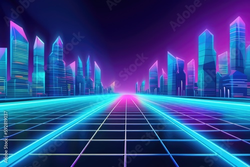 vibrant and illuminated futuristic cityscape at night with neon lights. Generative AI