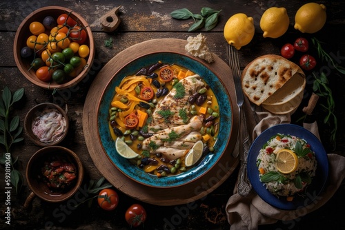 Overview on a healthy, colorful mediterranean dish. Created with generative AL