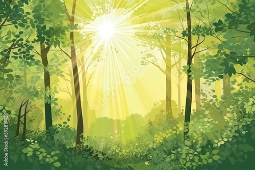 sunlight filtering through trees in a dense forest. Generative AI © 2rogan