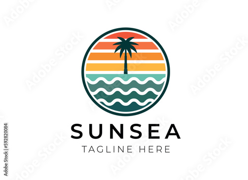 Miami sunset. T-shirt and apparel vector design, print, typography, poster, emblem with palm trees. Sunset logo design
