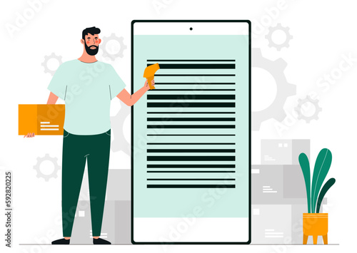 Bar code at phone. Modern technologies and digital world. Online shopping and electronic commerce. Man in warehouse with box in hands, shortened link and qr code. Cartoon flat vector illustration