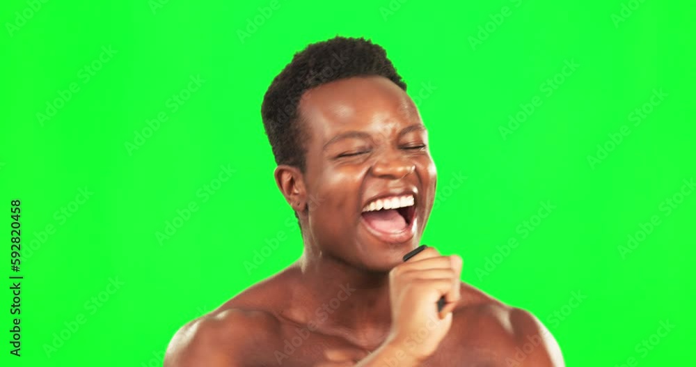 Shaving, singing and razor with black man on green screen for hair ...