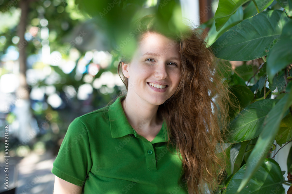portrait of a young positive girl near her house, eco concept, country life, spring, summer, garden, green city portrait of a young positive girl near her house, eco concept, country life, spring, summer, garden, green city