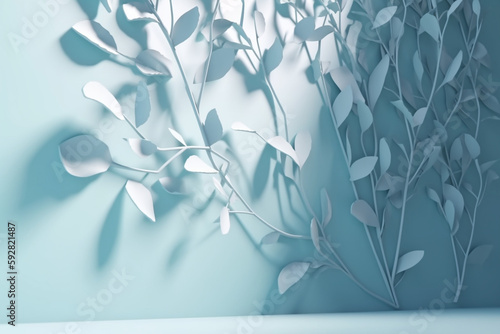 gentle light blue background for product presentation with light and intricate shadow from tree branches on wall  Generative AI  
