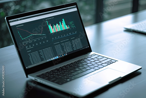 Wallpaper Mural laptop on a table with chart for business- made with generative ai Torontodigital.ca