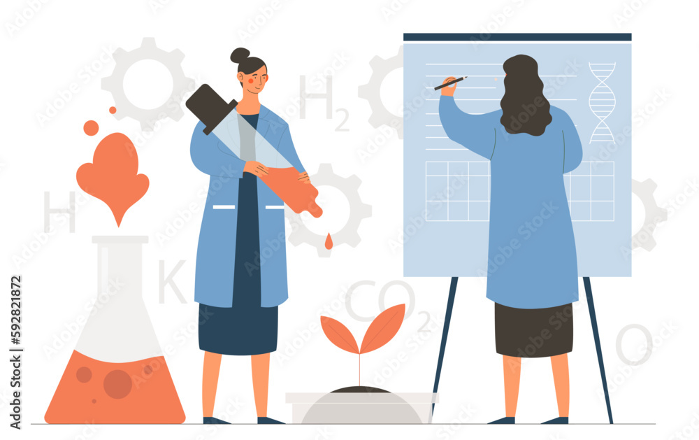 Scientific experiments concept. Women in medical gowns test interaction of plants with reagents. Chemistry and microbiology. Science and learning, research in lab. Cartoon flat vector illustration