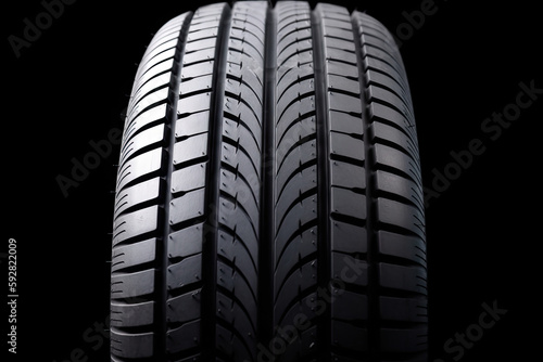 car tire isolated on black background, cropped image. Ai generative image.