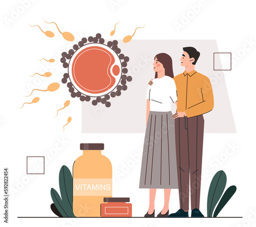 Concept of fertilization. Human reproduction, family planning metaphor. People waiting pregnancy. Young man and woman look at ovum. Fertility and parenthood. Cartoon flat vector illustration