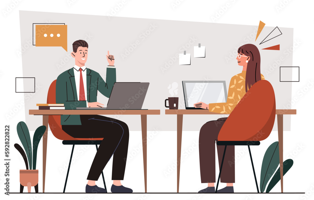 Office work concept. Man and woman at laptops sitting in front of each other. Colleagues or partners in workplace. Organization of effective workflow in office. Cartoon flat vector illustration