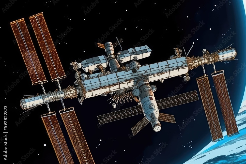 futuristic space station orbiting the Earth. Generative AI futuristic space station orbiting the Earth. Generative AI