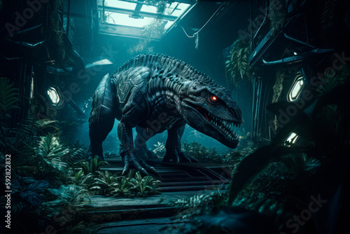 Big scary dinosaur in abandoned laboratory. Generative AI photo