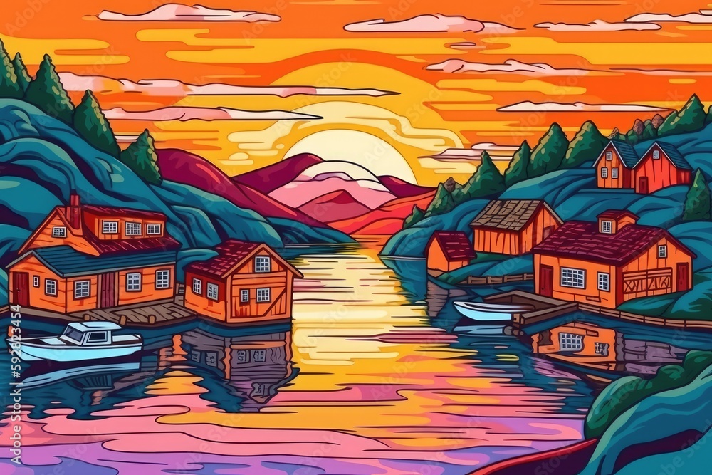 serene lake with colorful houses and boats. Generative AI