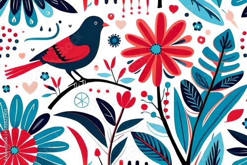 digital illustration  abstract floral pattern with birds  red blue folklore motif isolated on white background  watercolor texture  horizontal botanical design  modern fashion print
