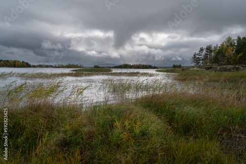 View of the Lake Ladoga near the village Lumivaara on a cloudy autumn day  Ladoga skerries  Republic of Karelia  Russia