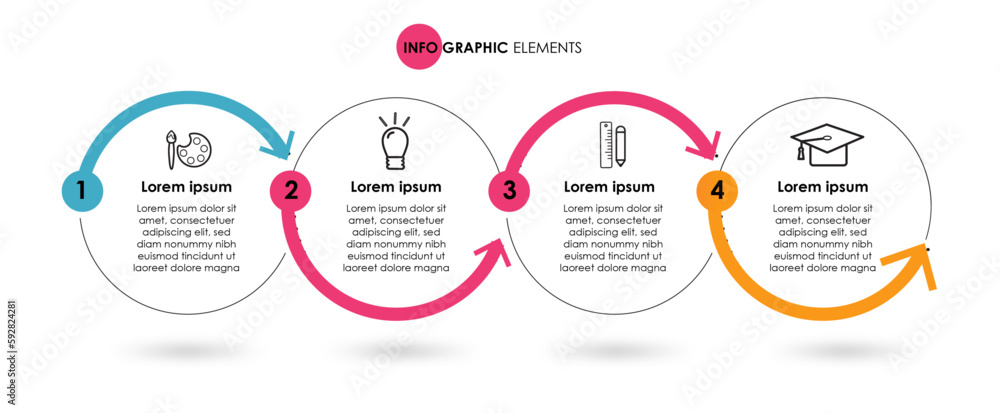 Vector infographic dotted circle design with 4 options or steps. infographics for business. Business layout template with options for brochure, diagram, workflow, timeline, web design, icons Vector infographic dotted circle design with 4 options or steps. infographics for business. Business layout template with options for brochure, diagram, workflow, timeline, web design, icons