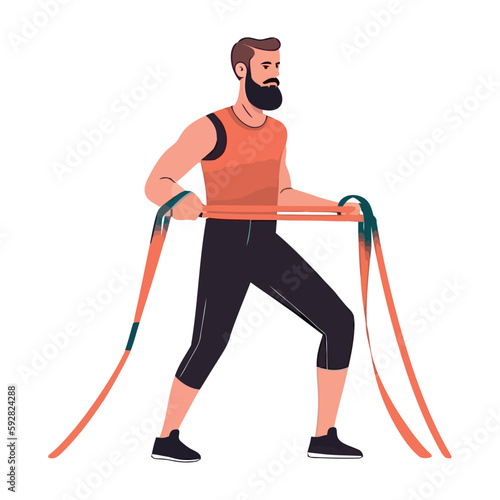 Muscular athlete strength with rubber ropes