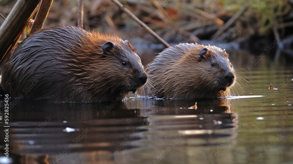 Beavers in river Beavers in river