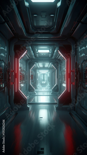 Detailed interior of futuristic spaceship  space station hallway for desktop background. Concept environment design 3d render illustration  Ai generative neon-infused cyberpunk art. Unreal engine