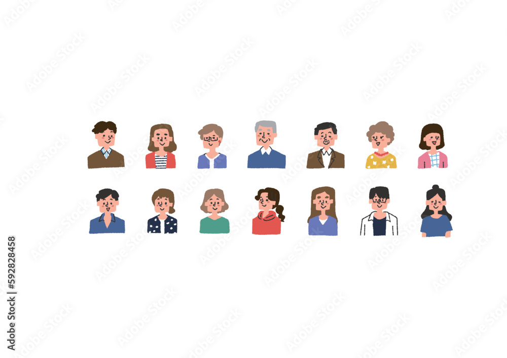 さまざまな年齢性別の人々の上半身アイコンセット