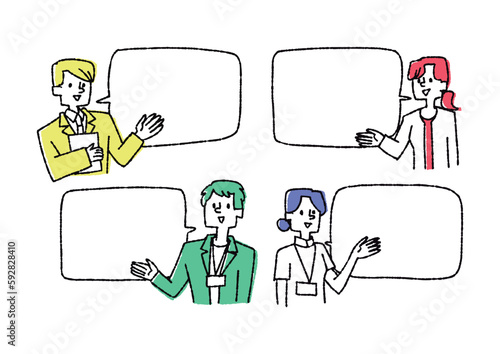 説明をしているビジネスマンや看護師と吹き出しのフレームセット