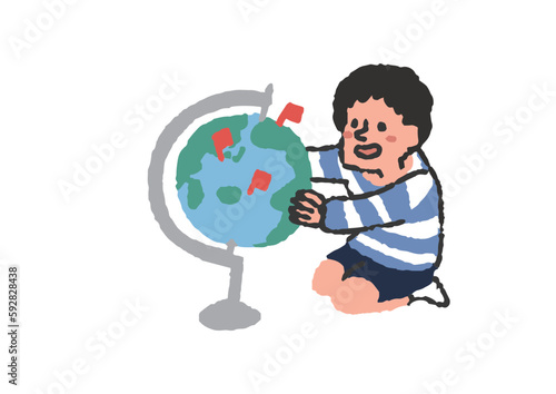 地球儀を見ている男の子のイラストセット