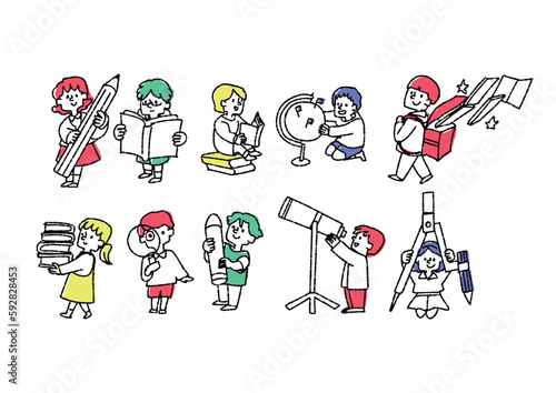 勉強したり絵を描いたり本を読んだり学ぶ子供達のイラスト素材セット
