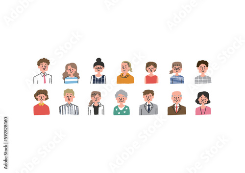 さまざまな年齢性別の人々の上半身アイコンセット