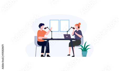 Podcast concept. Illustration about podcasting. Podcaster speaking in microphone illustration