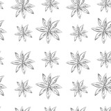 Seamless pattern of outline drawing of an anise star. Spicy spice for coffee or mulled wine. Isolate