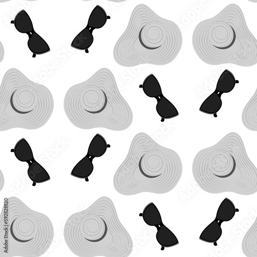Seamless pattern of a summer hat with wide brim and stripes around and sunglasses with dark glasses