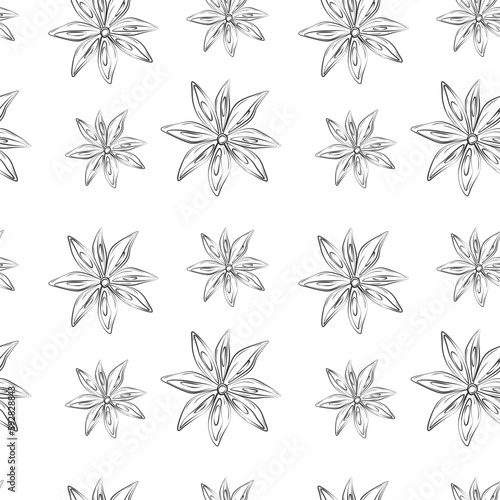 Seamless pattern of outline drawing of an anise star. Spicy spice for coffee or mulled wine. Isolate