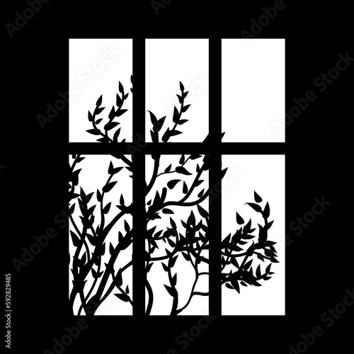 Silhouette of window and brunch of bushes on white. Gobo mask.