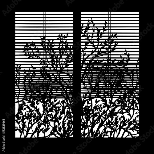 Silhouette of window and branches with leafs on black. Blinds lowered to the middle.