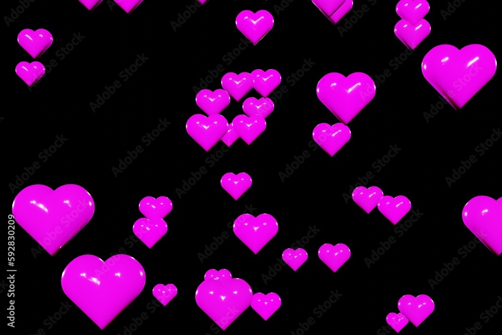 Purple valentines day hearts fall down on black background 3d render loop. Love concept, romantic, anniversary, mothers day, marriage, invitation e-card