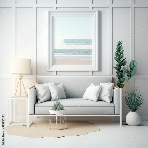 Mockup frame in Coastal interior background  room in light pastel colors  Generative AI 