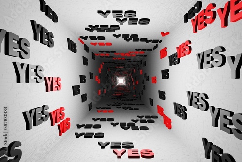 Yes symbol or yeah marks tunnel on white background 3d render. Say agree or like pattern. Positive approved views