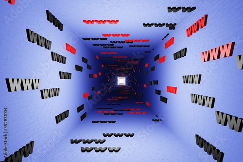 WWW symbols sign in blue tunnel background 3d render. Hypertext transfer protocol secure web 3