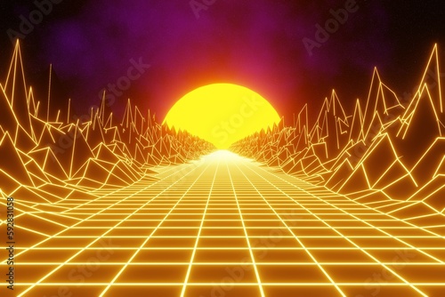 Orange retro futuristic technology background 3d render, 80s retro background, 90s futuristic sci-fi. Synthwave retro, outer space, star sky, sun and nebula