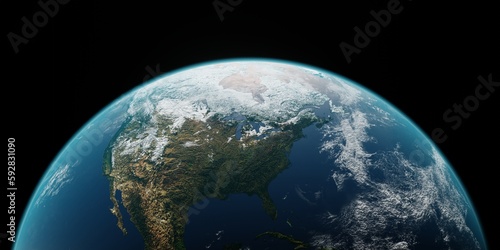Beautiful earth on black background planet 3d render. Concept of climate change, dark night, cities lights, sunrise. World planet satellite, Stars, nebula and galaxy. Sunrise from outer space