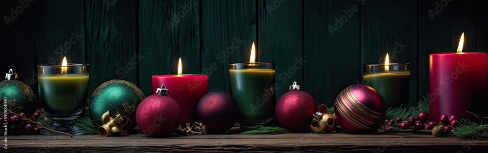 Burning candle and Christmas decoration over snow and wooden background. Generative Ai. Burning candle and Christmas decoration over snow and wooden background. Generative Ai.