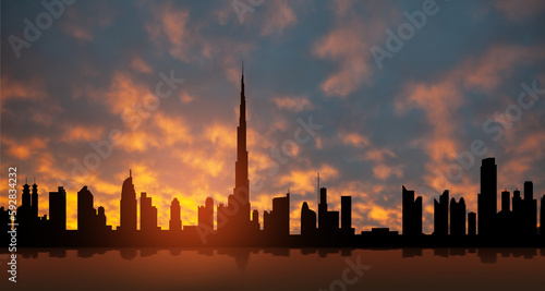 United Arab Emirates  Dubai skyline view at sunset. UAE celebration.