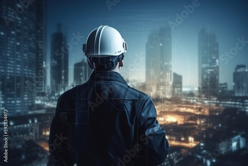 Engineer in white helmet on background of construction and blueprints, rear view. Close-up of unrecognizable working man against backdrop of buildings under construction at night. Generative AI © Sergio