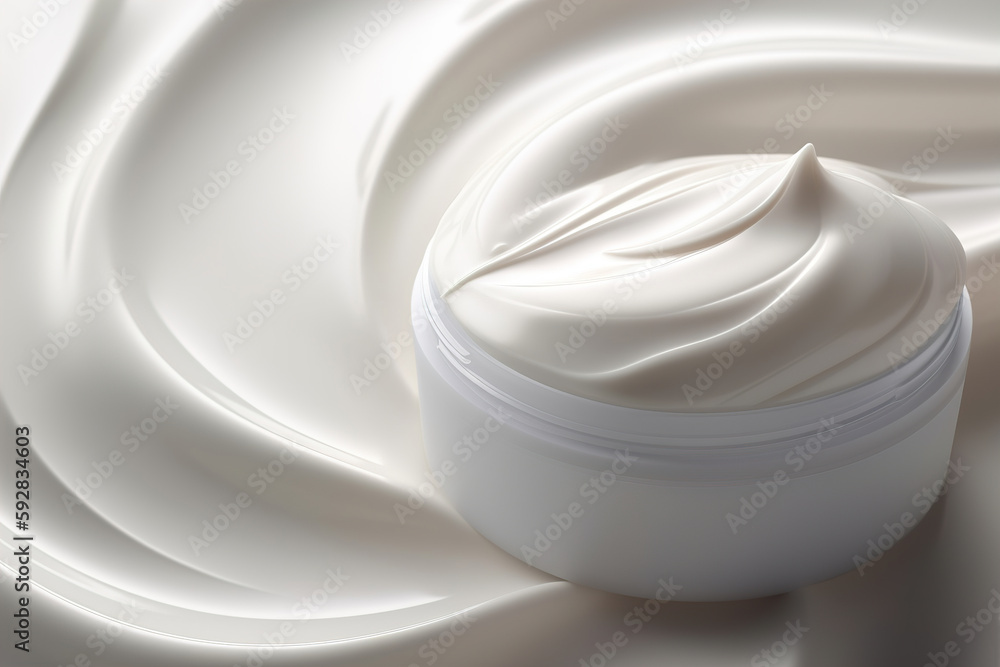 Beauty cream cosmetics and cosmetology creative idea. Jar of white cream and swirling soft texture, close-up. Generative AI Beauty cream cosmetics and cosmetology creative idea. Jar of white cream and swirling soft texture, close-up. Generative AI