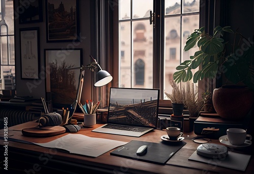 Home interior with workplace. Desk by the window. Generative AI