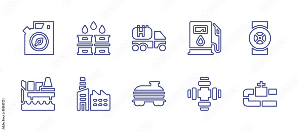 Oil and gas industry line icon set. Editable stroke. Vector illustration. Containing eco gasoline, oil, oil truck, valve, oil platform, factory, tanker, oil valve, pipe.