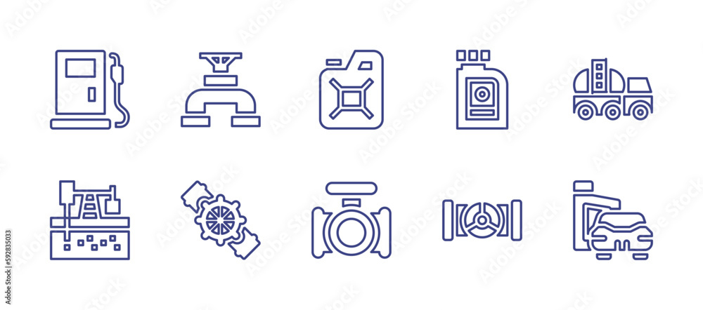 Oil and gas industry line icon set. Editable stroke. Vector illustration. Containing biofuel, pipe, fuel, oil, tank truck, petroleum, pipeline, valve, dippel oil.