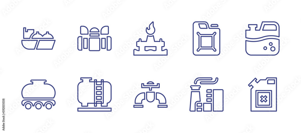 Oil and gas industry line icon set. Editable stroke. Vector illustration. Containing lng, pipe, oil and gas, jerrycan, gas truck, oil tank, power plant, fuel.
